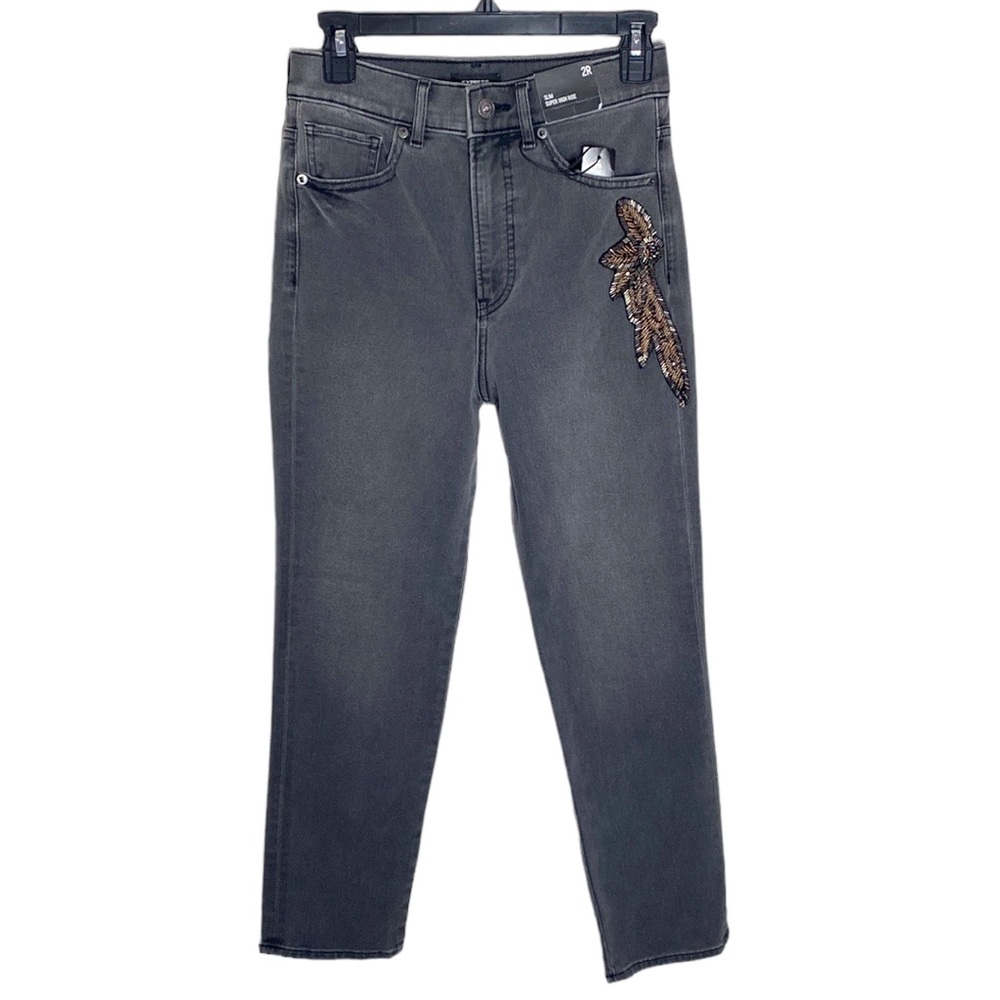 Express Slim super high rise embellished washed black jeans size 2